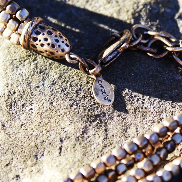 CHICO'S Multi-Strand Hammered Brass Bead Bib Necklace. - Picture 6 of 9